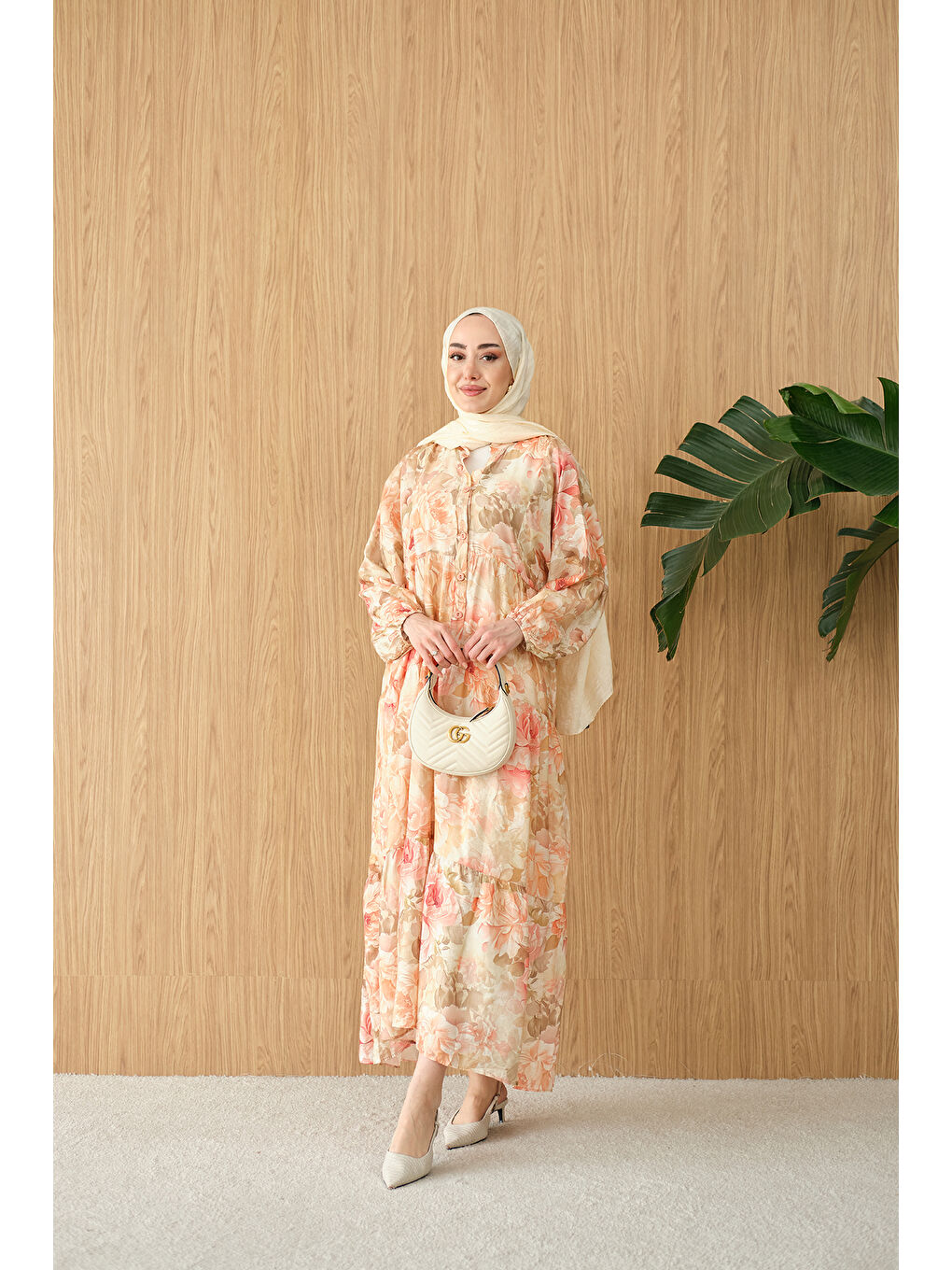 Pembe Kadın Floral Çiçek Desen Elbise Somon-4