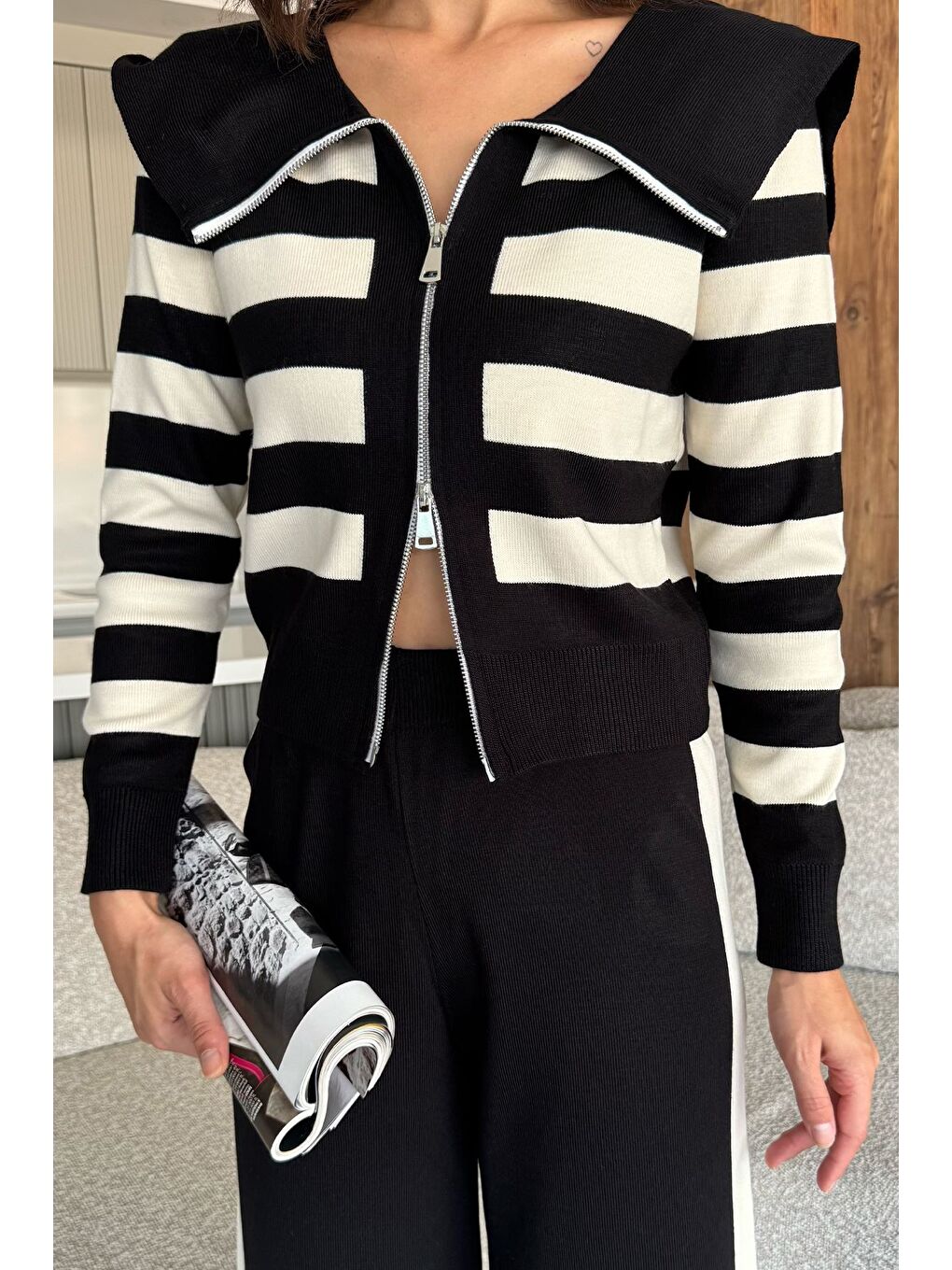 Siyah Kadın Şerit Desenli Triko Hırka Pantolon İkili Takım (s-m-l Beden Uyumludur.)-2