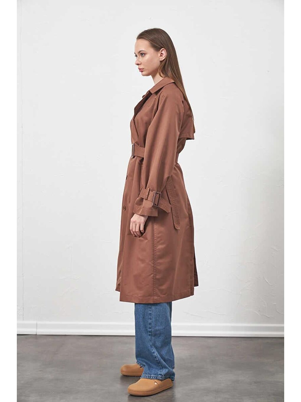 Kahverengi Tokalı Oversize Trenchcoat Kahve-5