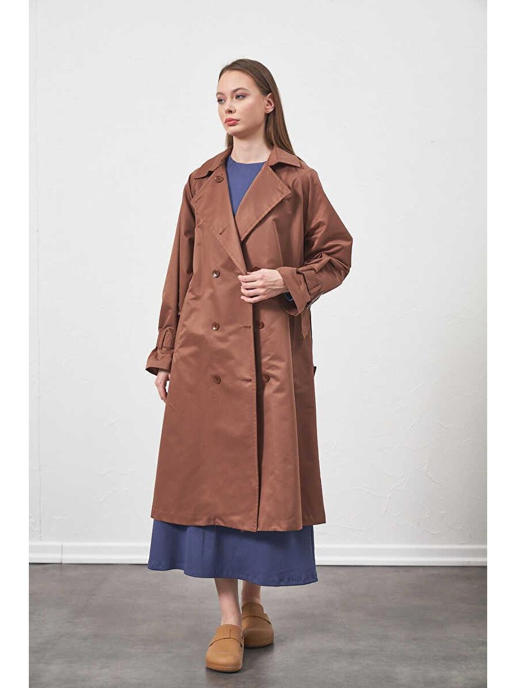 Kahverengi Tokalı Oversize Trenchcoat Kahve-6