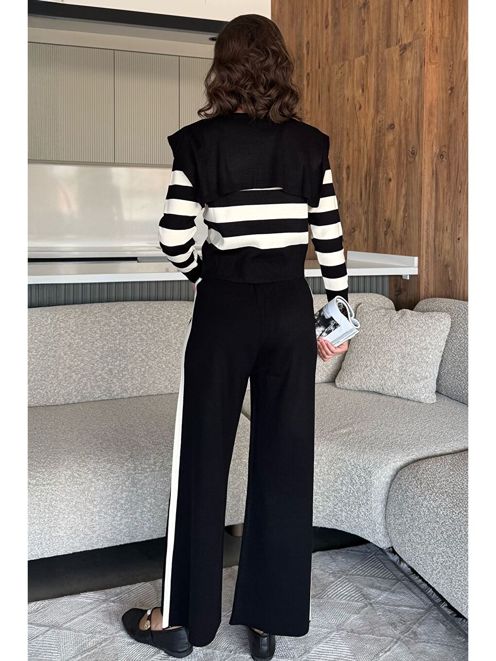 Siyah Kadın Şerit Desenli Triko Hırka Pantolon İkili Takım (s-m-l Beden Uyumludur.)-3