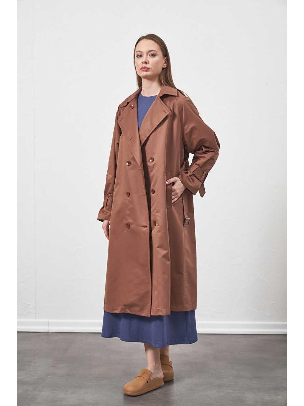 Kahverengi Tokalı Oversize Trenchcoat Kahve-7