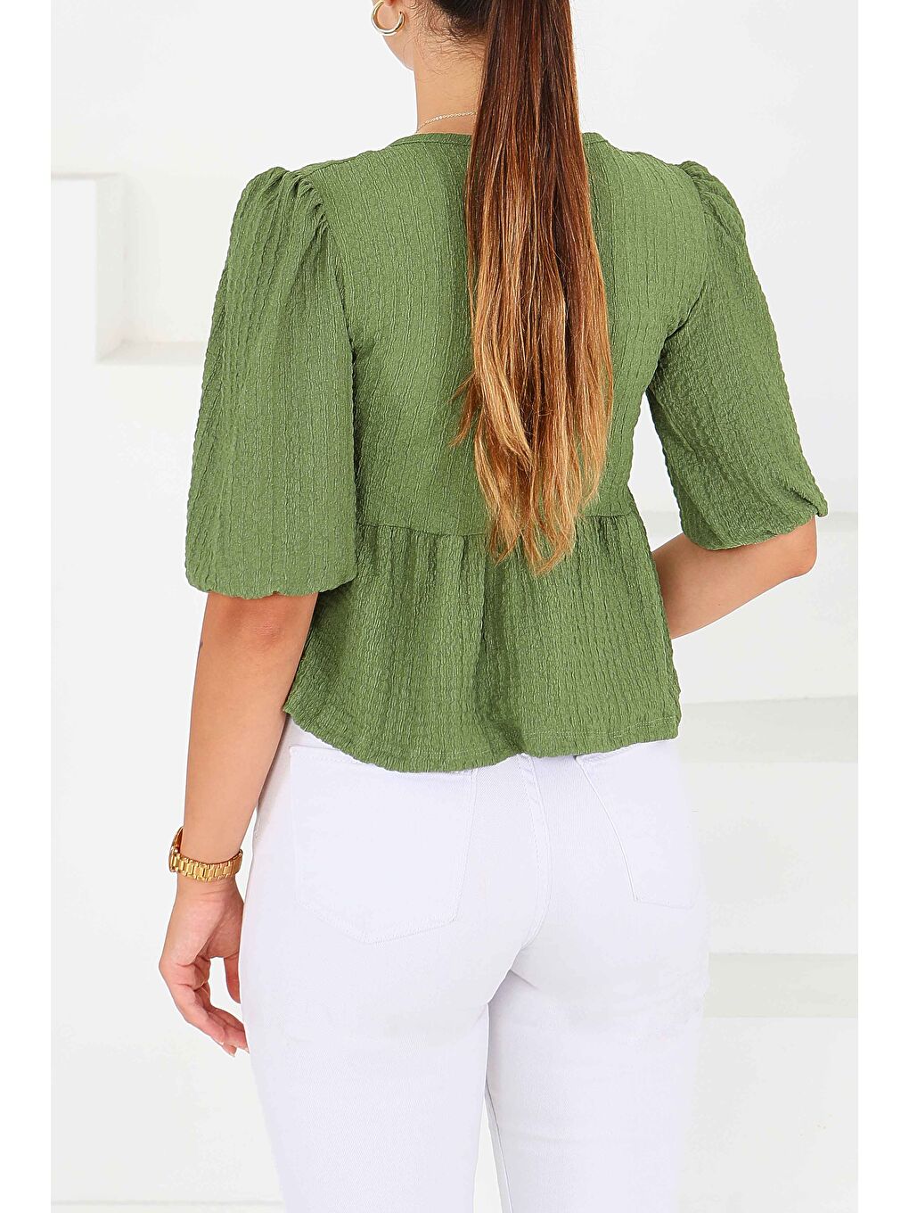 Buffle Kısa Kollu Bluz Haki - 27538-3