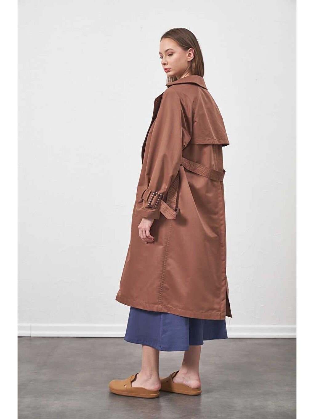 Kahverengi Tokalı Oversize Trenchcoat Kahve-8
