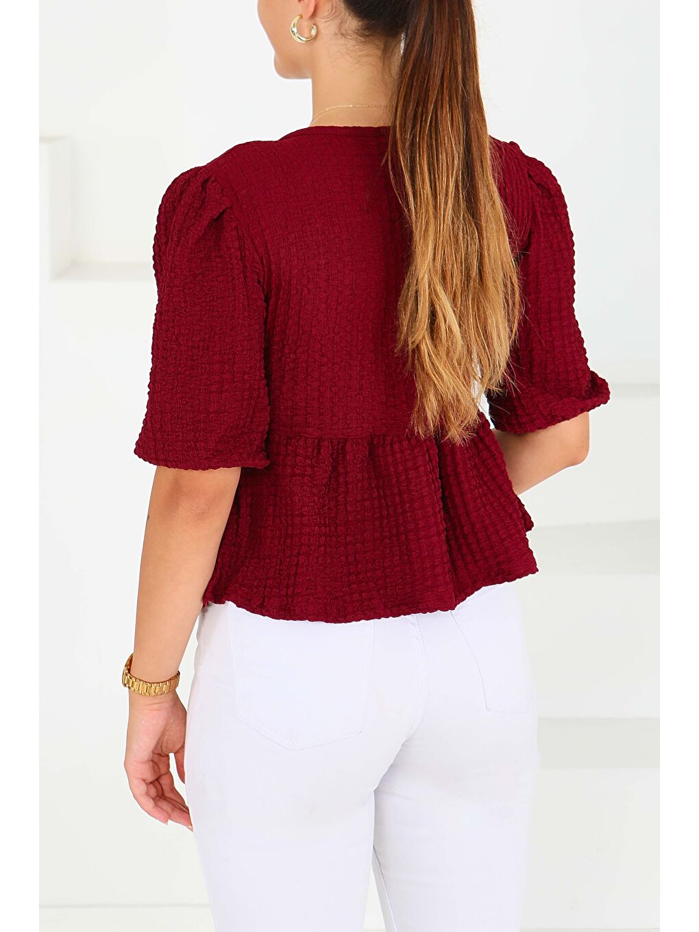 Buffle Kısa Kollu Bluz Bordo - 27538-3