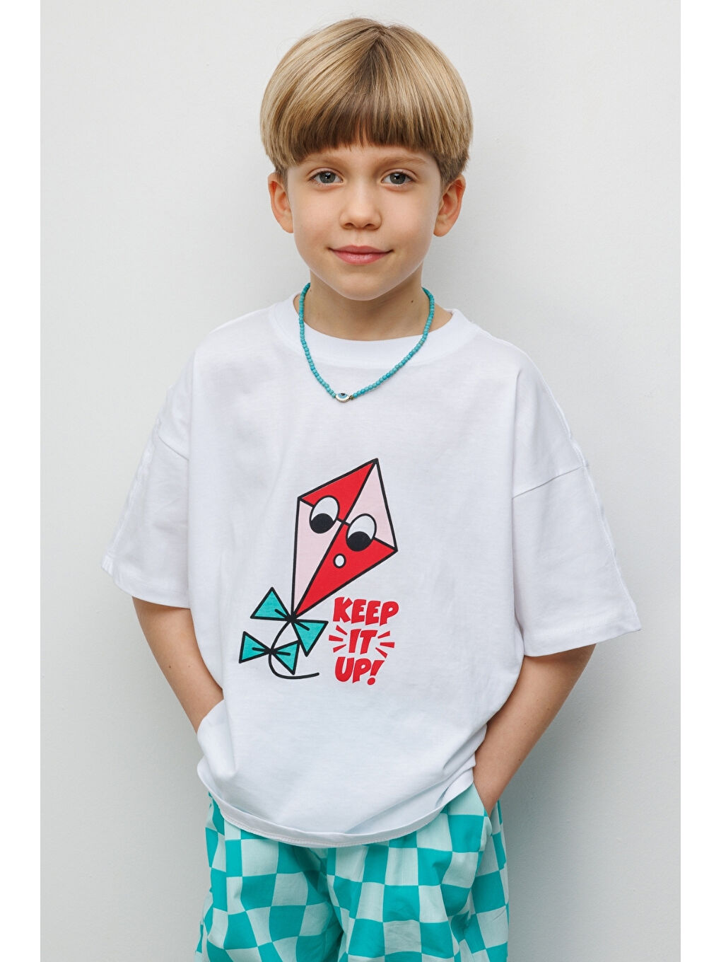 Yeşil Mint Uçurtma Baskılı Dama Desenli Çocuk Tişört Pantolon Takım - Lucia-2