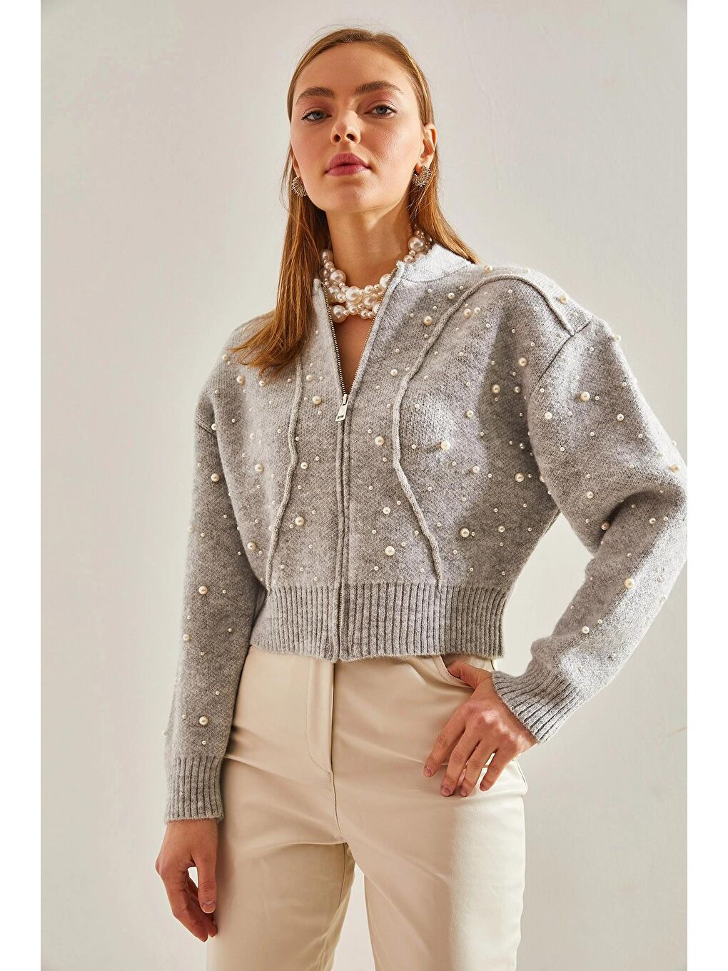 Gri Kadın İnci Taş İşlemeli Triko Hırka-3