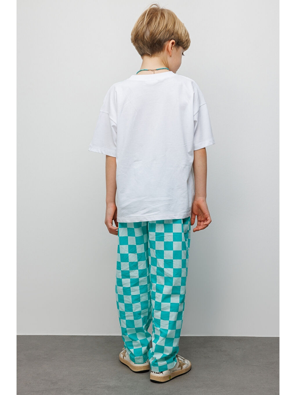 Yeşil Mint Uçurtma Baskılı Dama Desenli Çocuk Tişört Pantolon Takım - Lucia-3