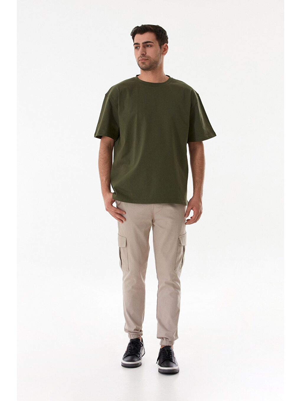 Haki Basic Bisiklet Yaka Oversize Tişört-1