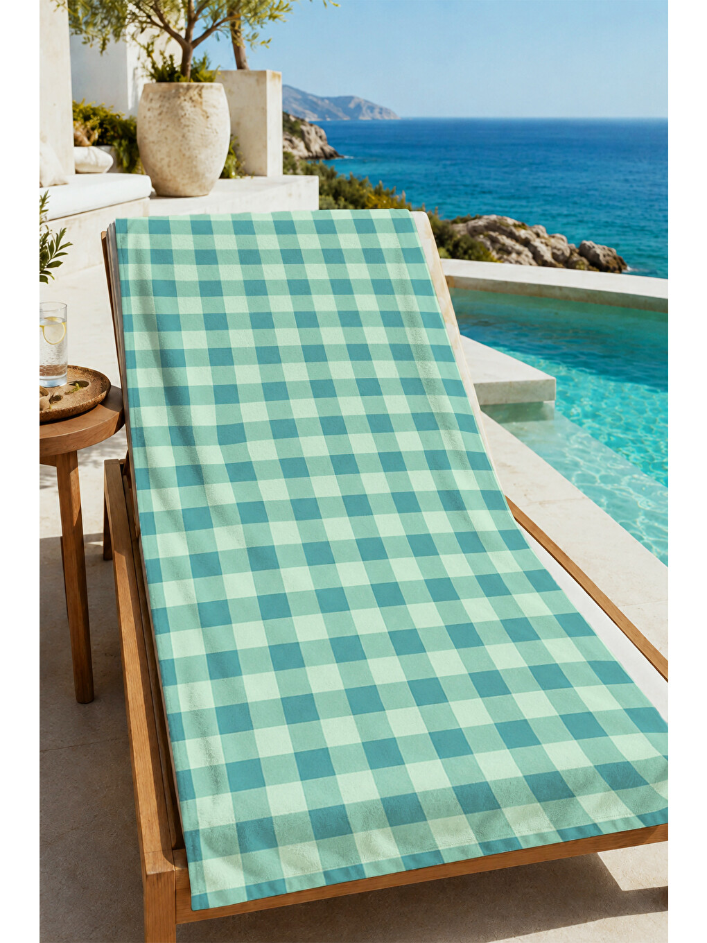 Retro Pastel Mint Yeşili Ekose Kareli Yazlık Desenli 70x150 Plaj Havlusu - Pamuklu Banyo Havlusu-3