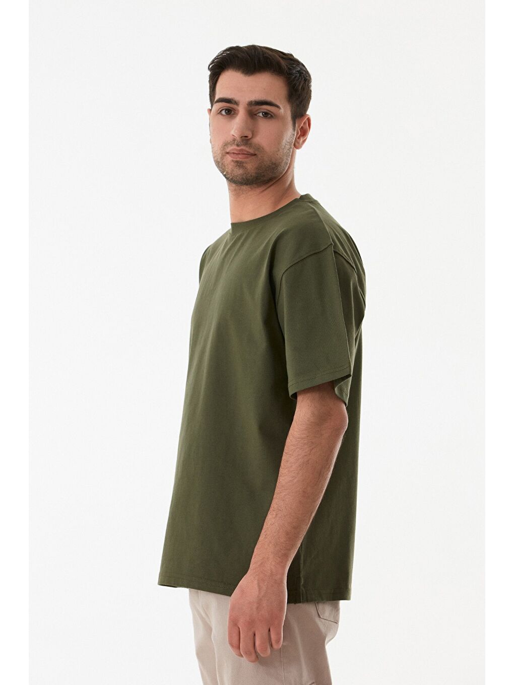 Haki Basic Bisiklet Yaka Oversize Tişört-2