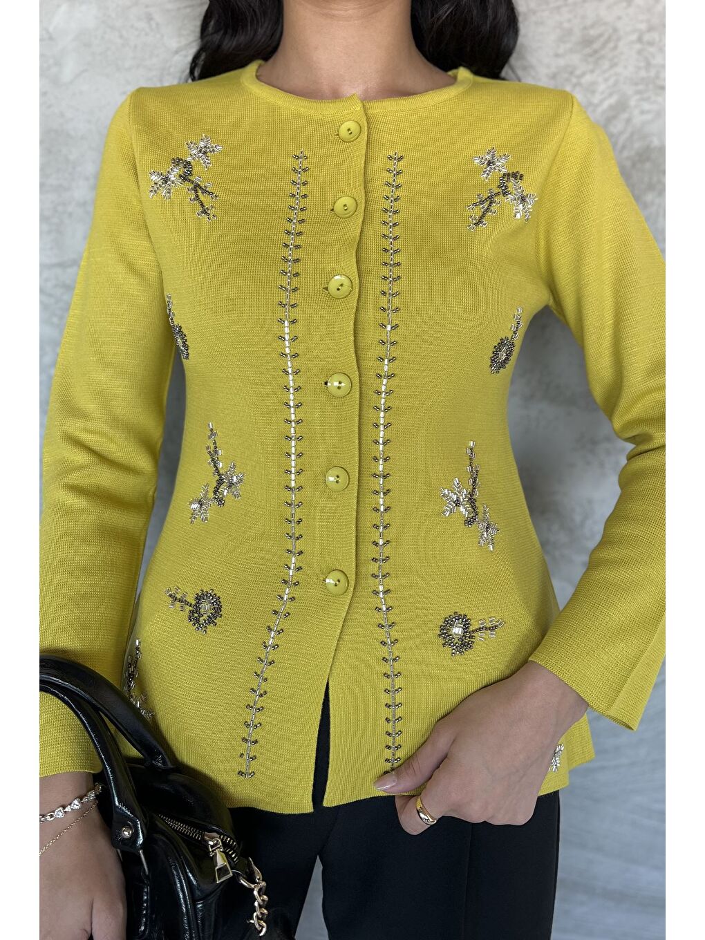 Yeşil Taşlı Triko Hırka-1