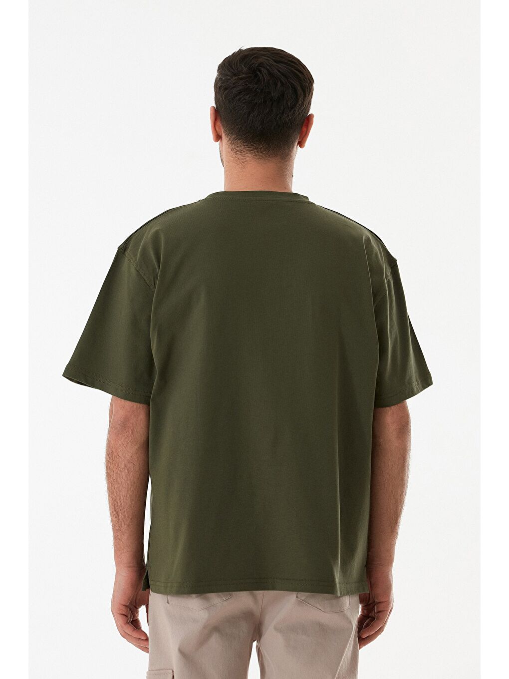 Haki Basic Bisiklet Yaka Oversize Tişört-3