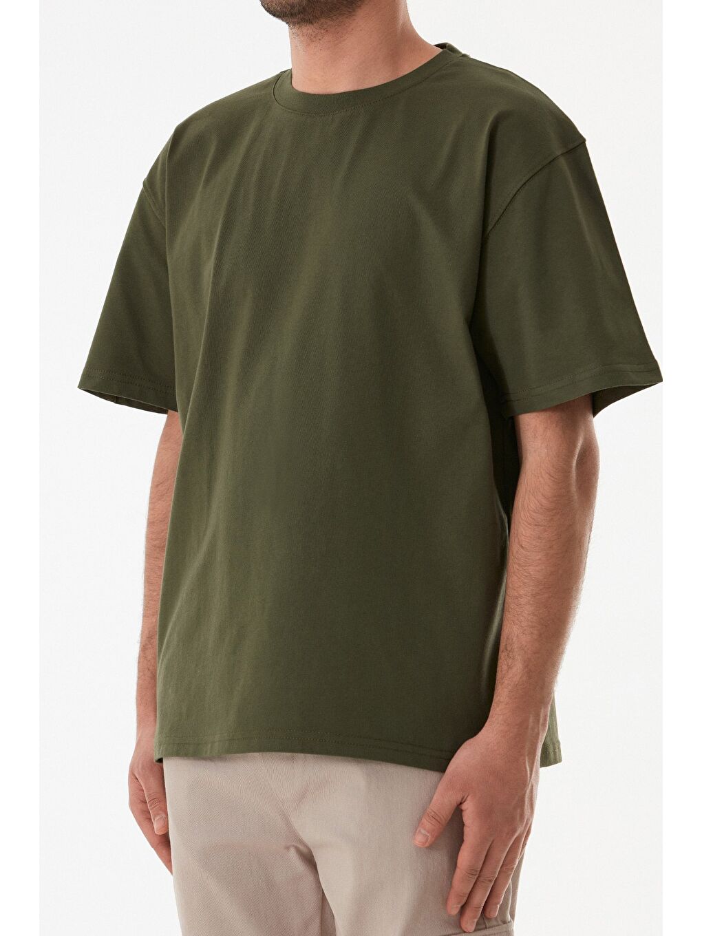 Haki Basic Bisiklet Yaka Oversize Tişört-4