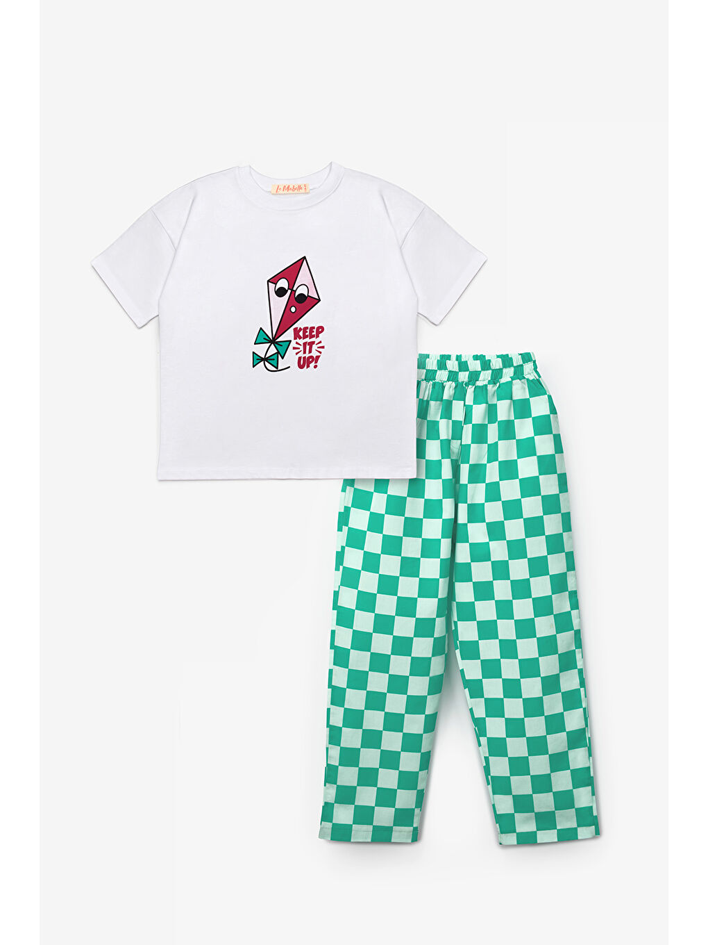 Yeşil Mint Uçurtma Baskılı Dama Desenli Çocuk Tişört Pantolon Takım - Lucia-4