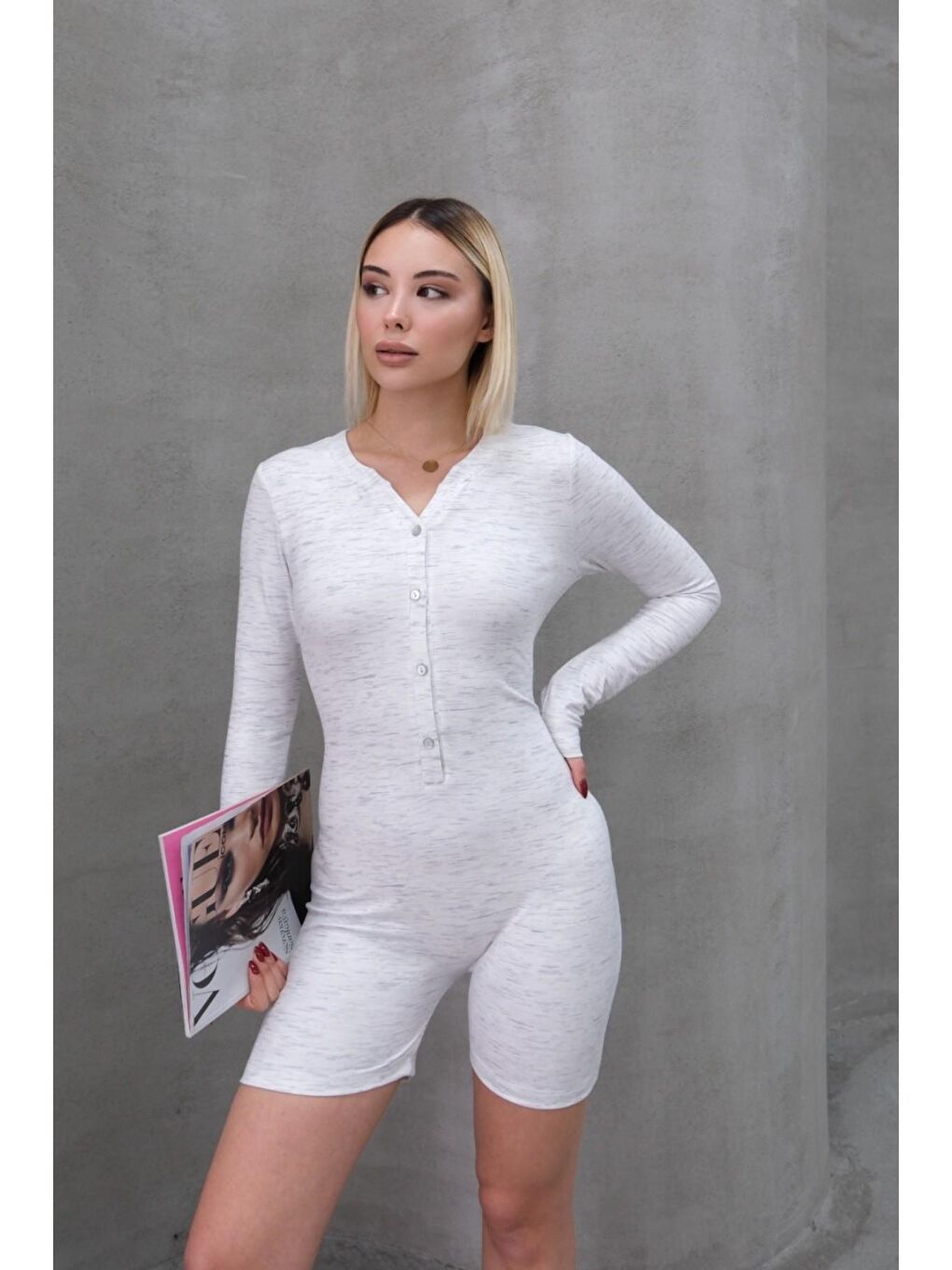 Uzun Kollu Soft Düğmeli Kısa Tulum Romper Gri-4