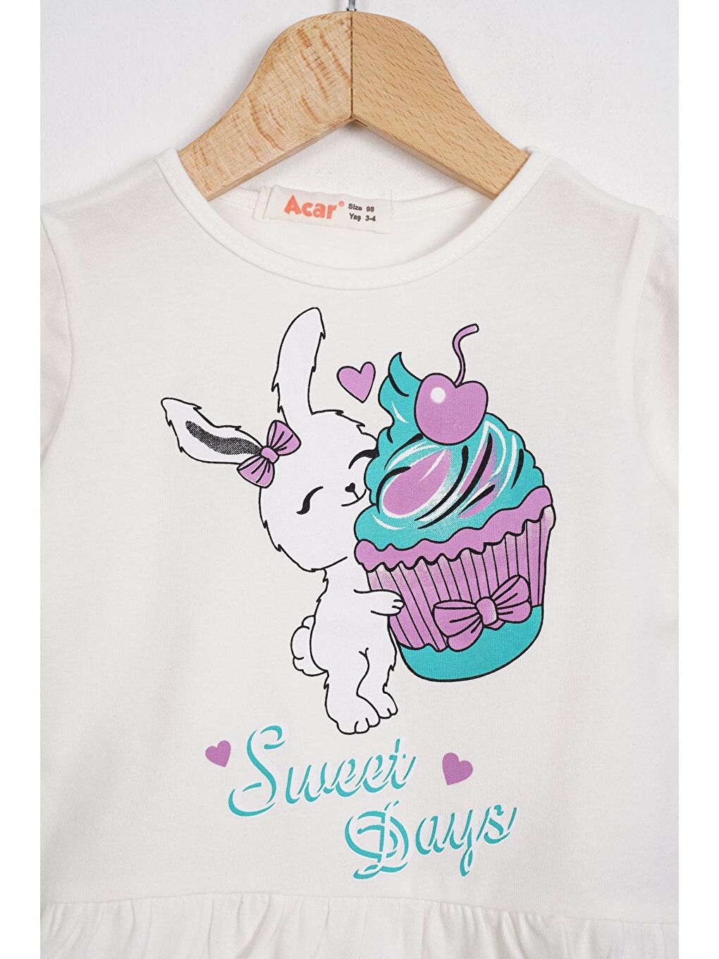 Bisiklet Yaka Kısa Kol Sweet Days Baskılı Ekru Renk Kız Çocuk Taytlı Takım-2