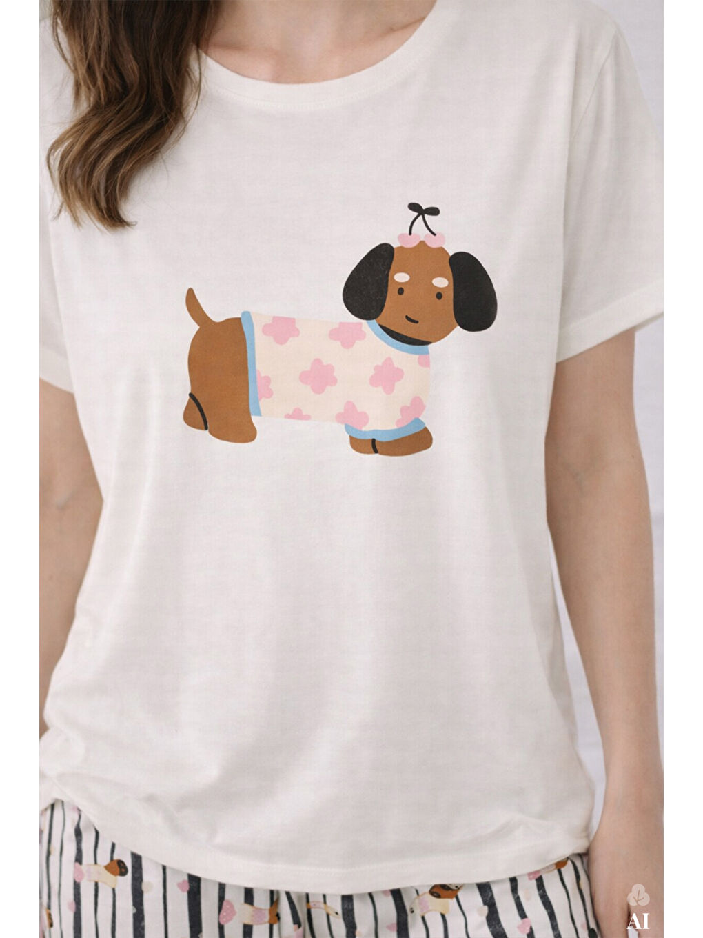 Ekru Kadın Pamuklu Renkli Köpek Baskılı Örme Pijama Takımı-3