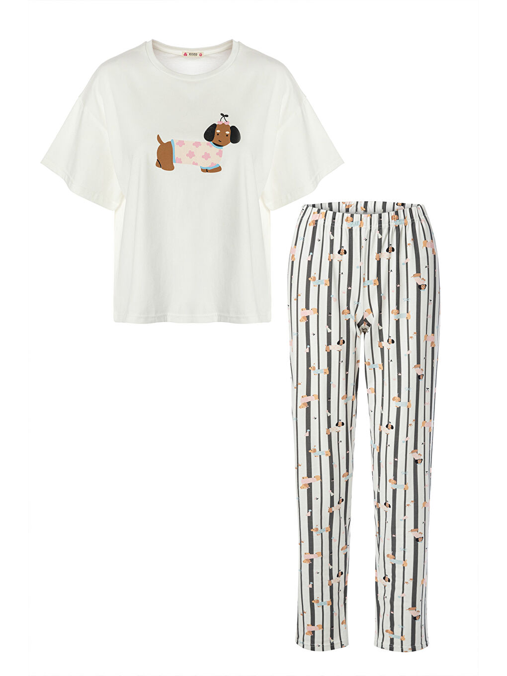 Ekru Kadın Pamuklu Renkli Köpek Baskılı Örme Pijama Takımı-4