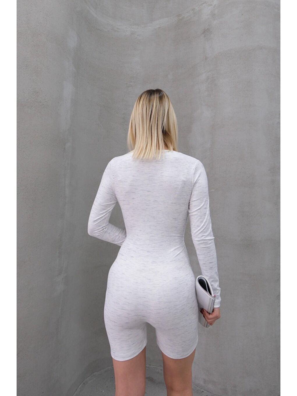 Uzun Kollu Soft Düğmeli Kısa Tulum Romper Gri-8