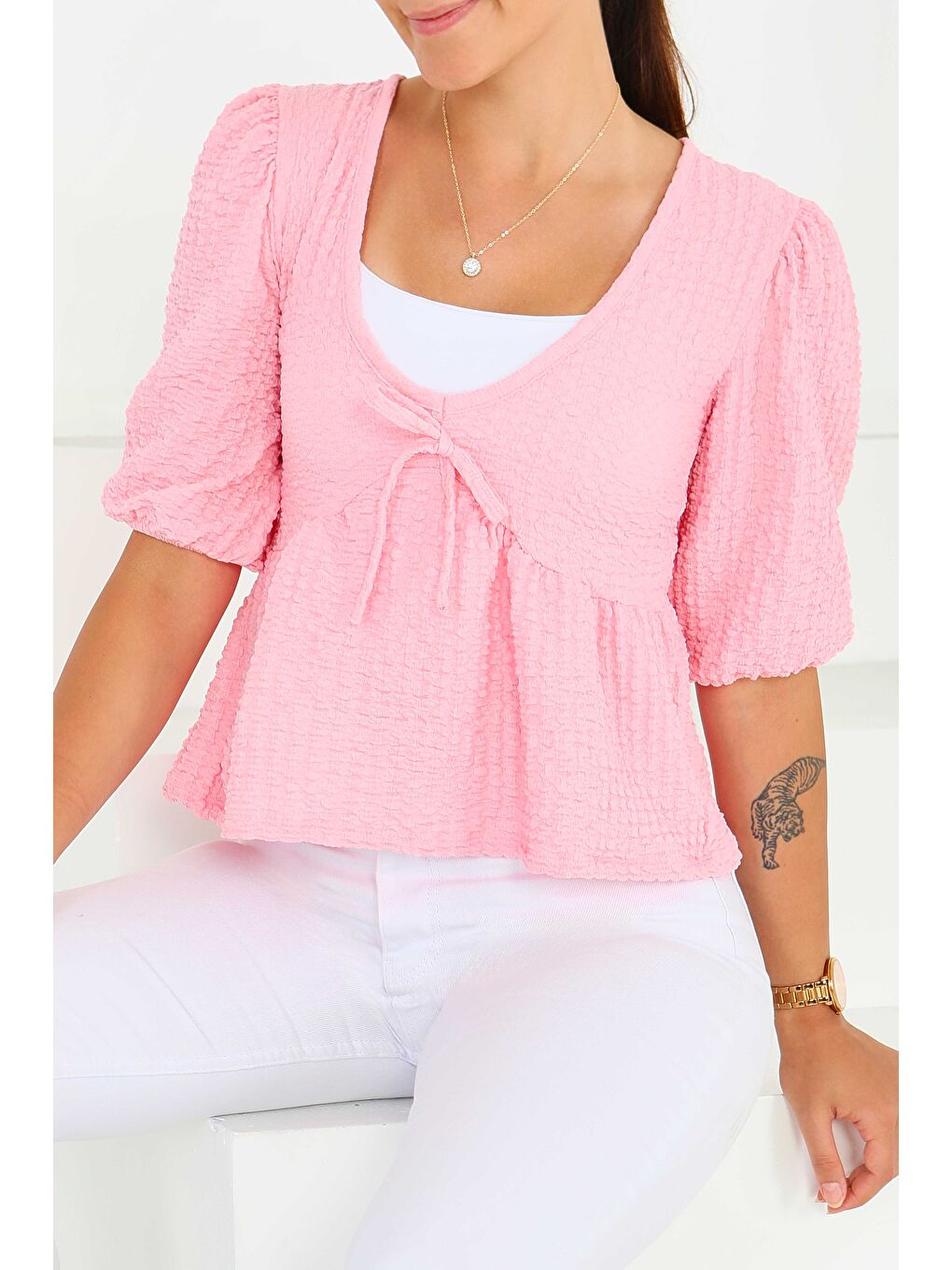 Buffle Kısa Kollu Bluz Pembe - 27538-1