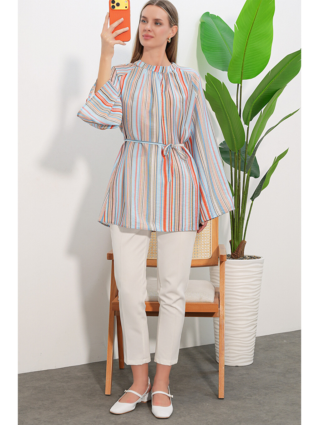 Kadın Çizgili Bağcıklı Oversize Tunik 50009 - Mavi-1