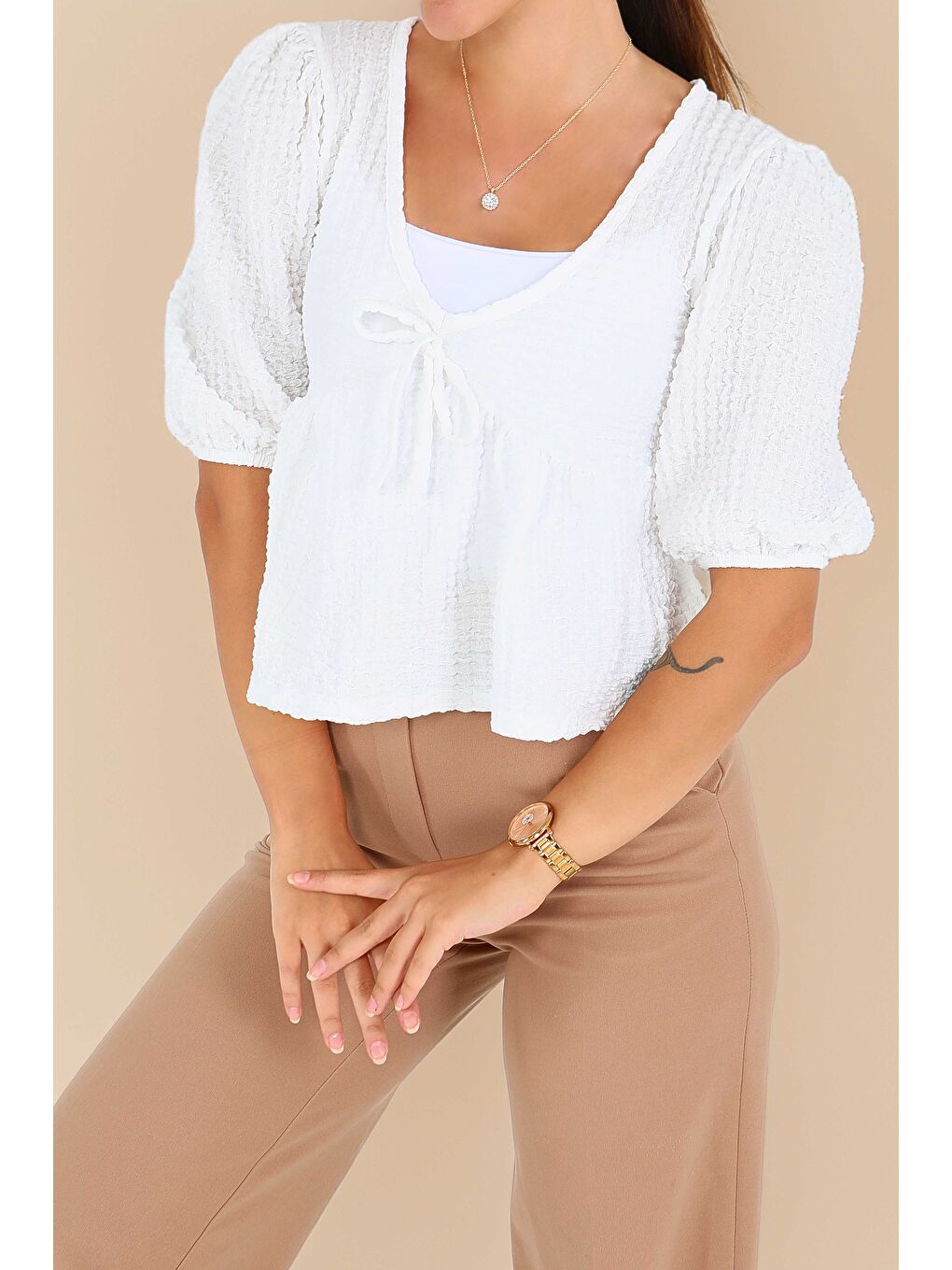 Buffle Kısa Kollu Bluz Beyaz - 27538-1