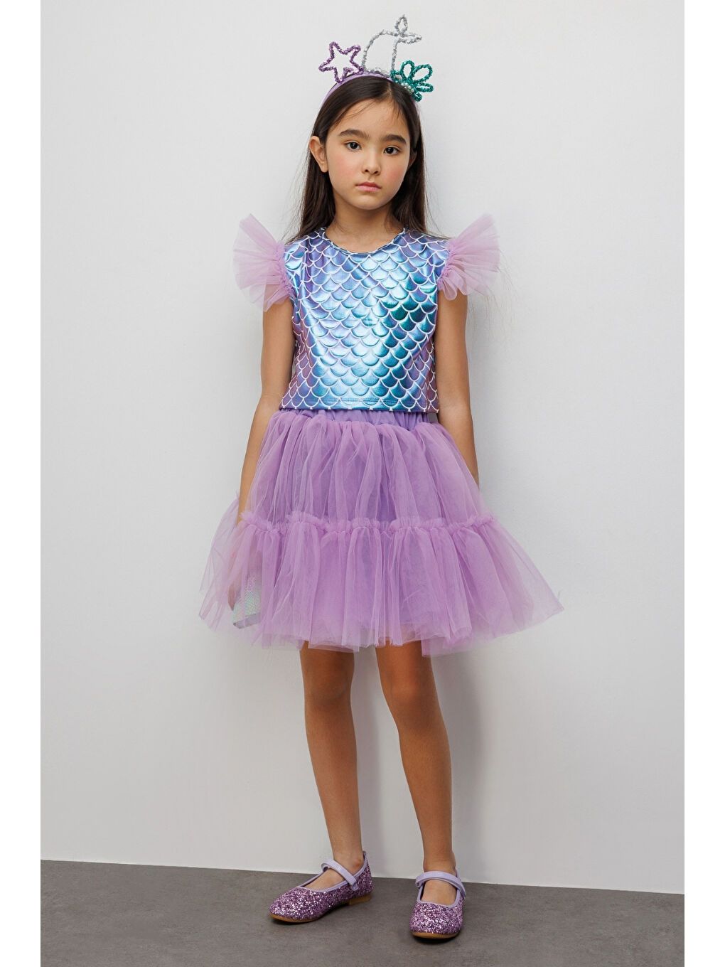 Lila Deniz Kızı Desenli Tül Detaylı Crop Etek Takım - Tammy-1