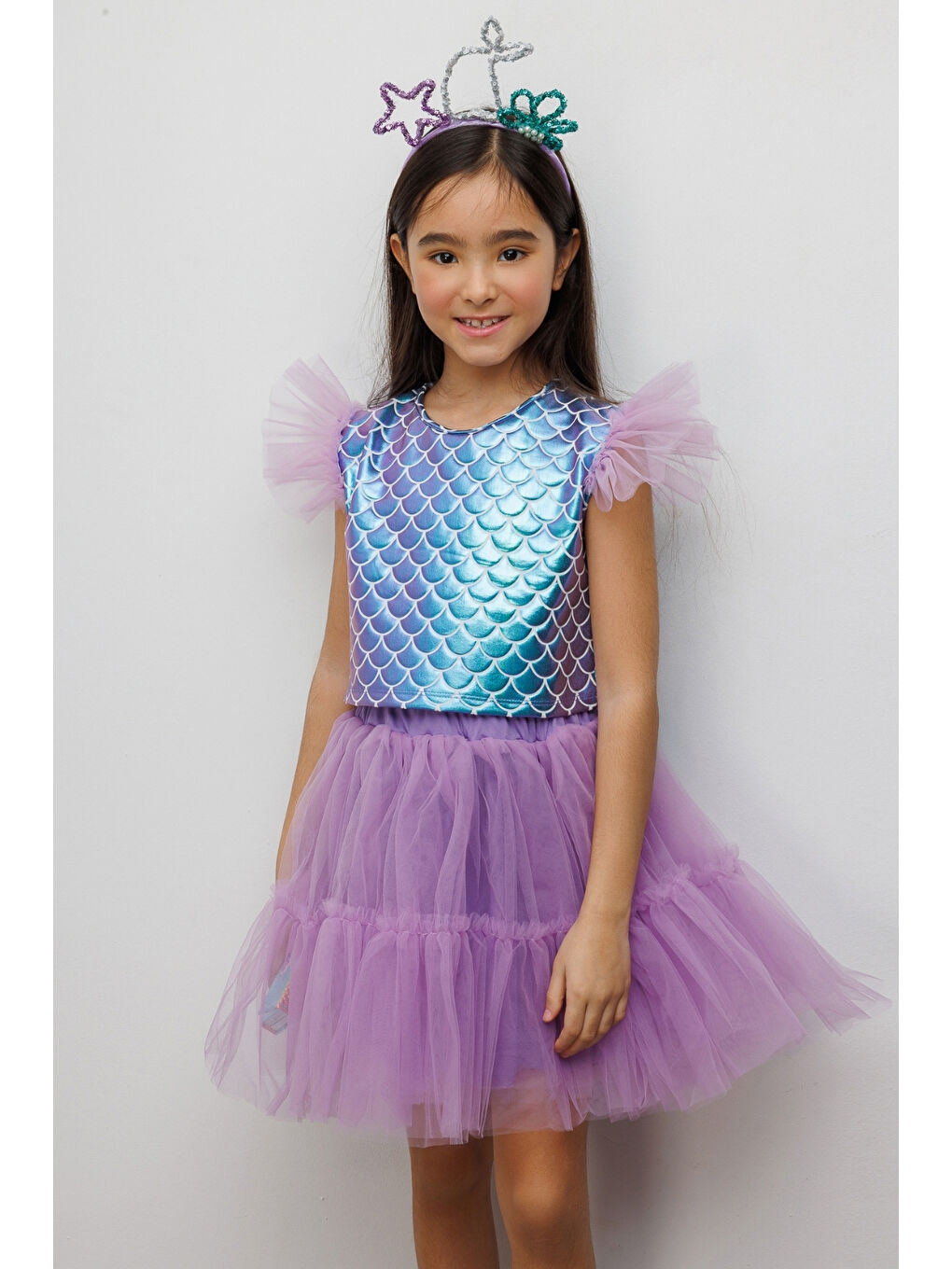 Lila Deniz Kızı Desenli Tül Detaylı Crop Etek Takım - Tammy-2