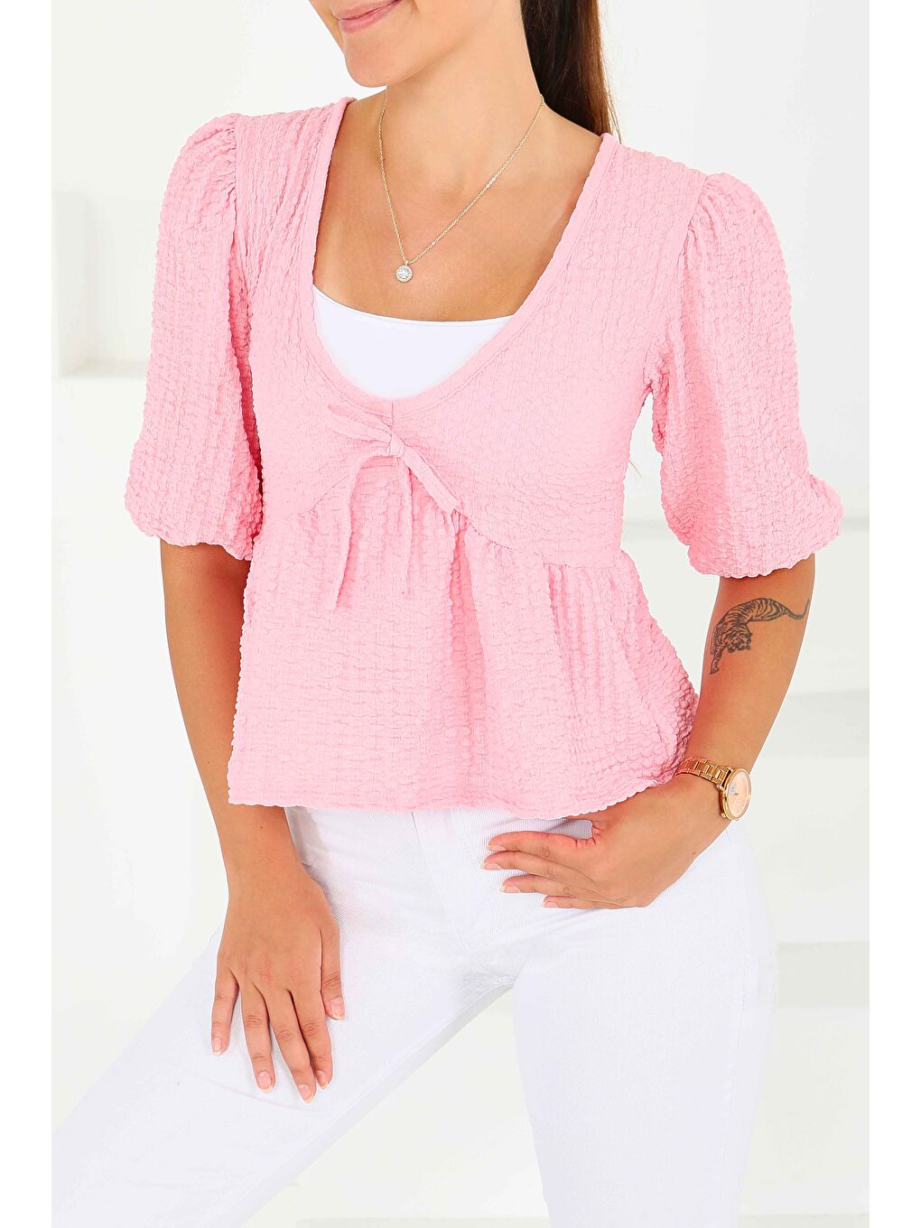 Buffle Kısa Kollu Bluz Pembe - 27538-2