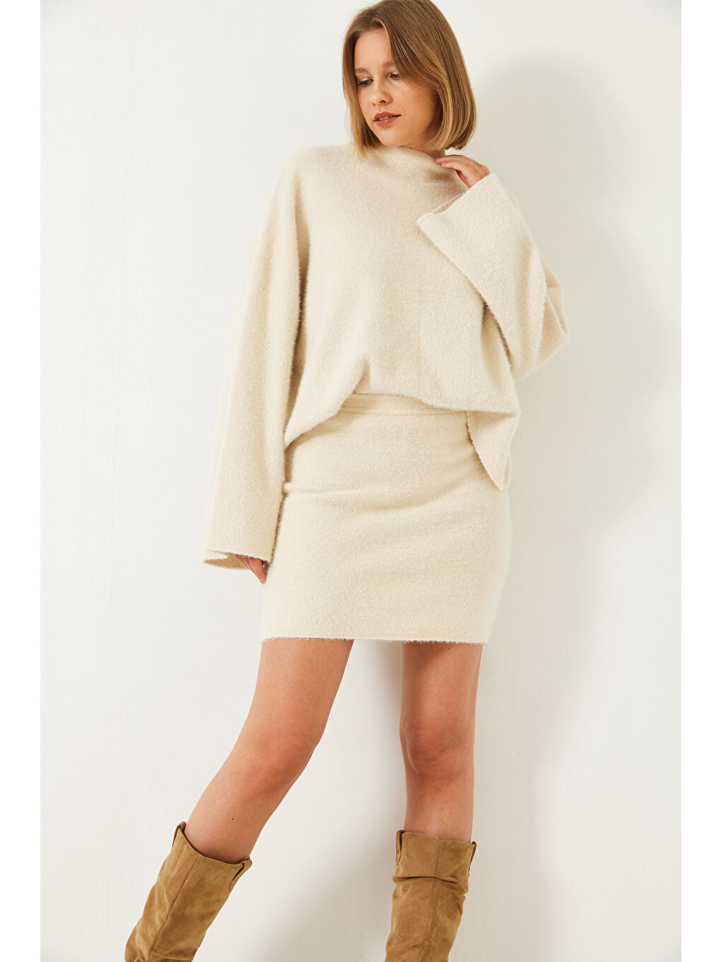 Bej Kadın Etekli Triko Alt Üst Takım-1