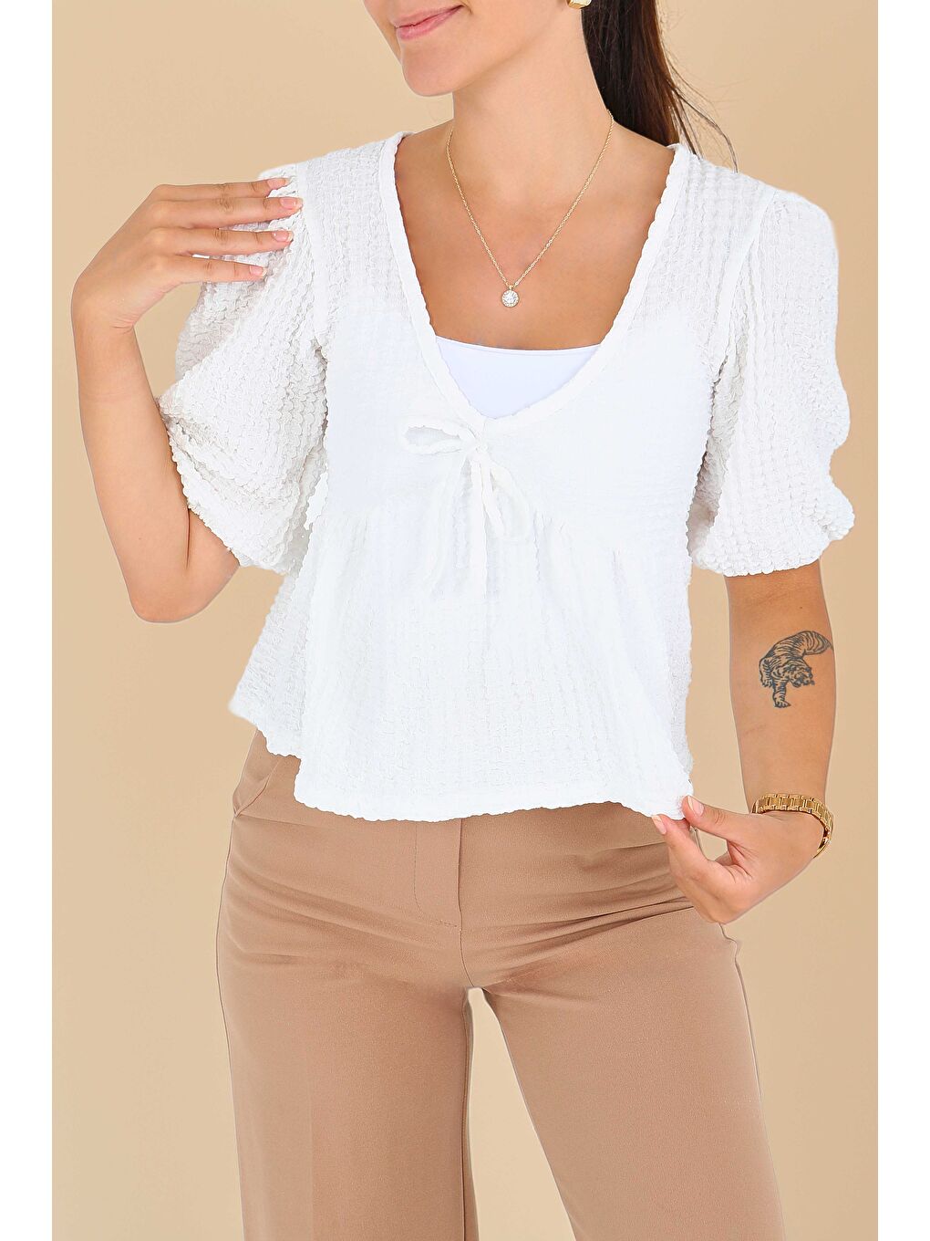 Buffle Kısa Kollu Bluz Beyaz - 27538-2