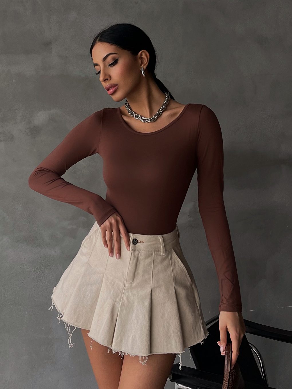 Kahverengi Kadın Acı Kahve Prenses Yaka Bluz-1