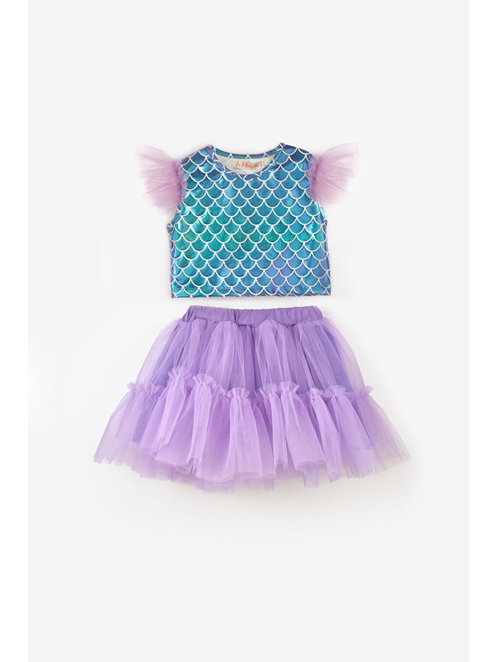 Lila Deniz Kızı Desenli Tül Detaylı Crop Etek Takım - Tammy-3
