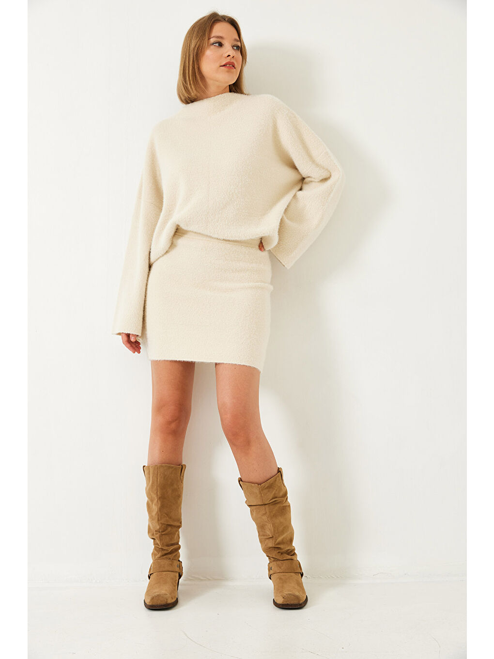 Bej Kadın Etekli Triko Alt Üst Takım-6