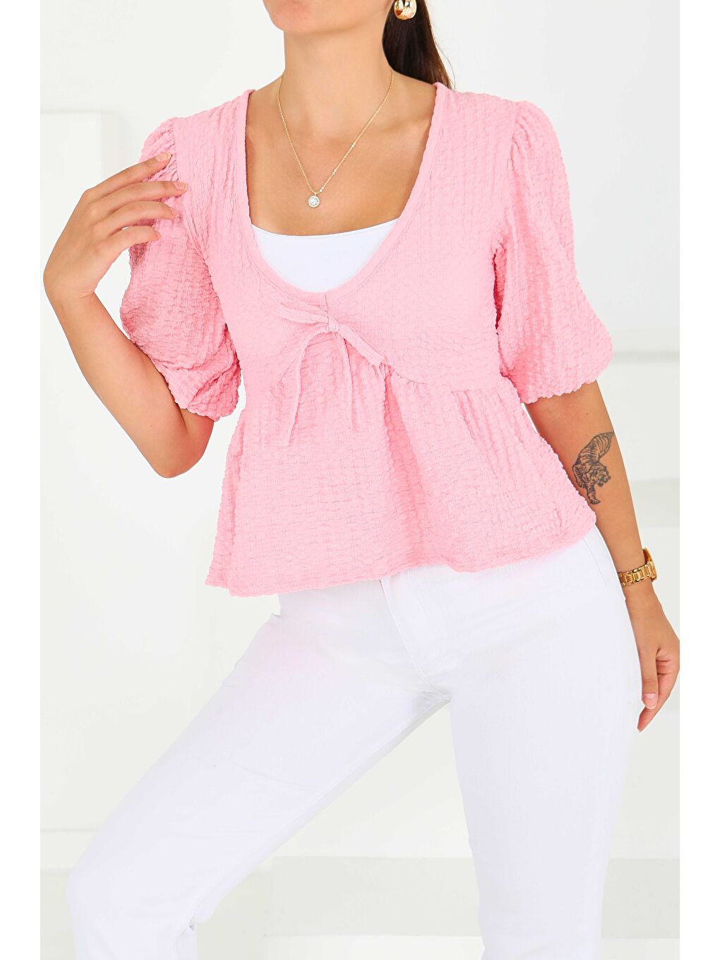 Buffle Kısa Kollu Bluz Pembe - 27538-3