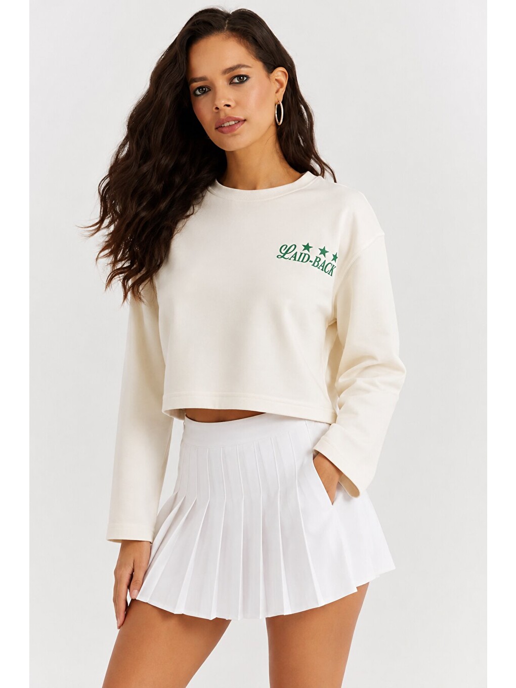 Ekru Yıldız Baskılı Crop Sweatshirt - Krem