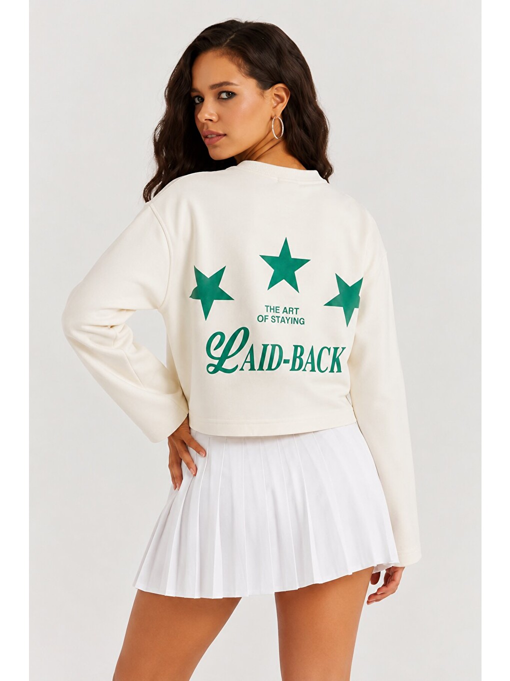 Ekru Yıldız Baskılı Crop Sweatshirt - Krem-1