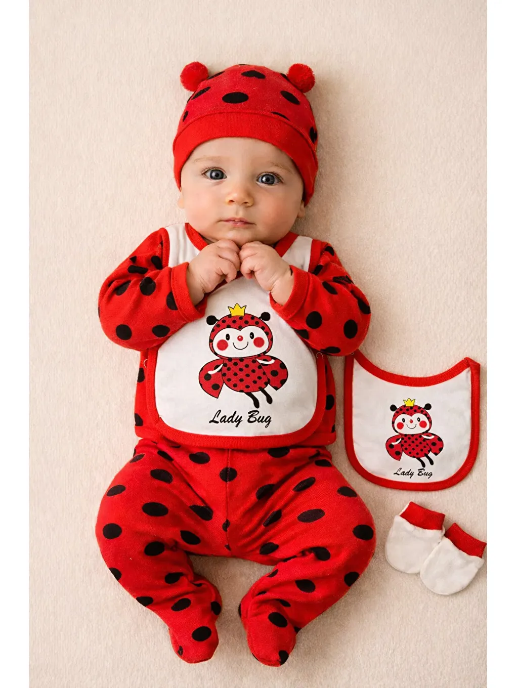 Kırmızı Uğur Böceği Temalı Organik Pamuk Yenidoğan Hastane Çıkış Seti 5 Parça Kutulu-2