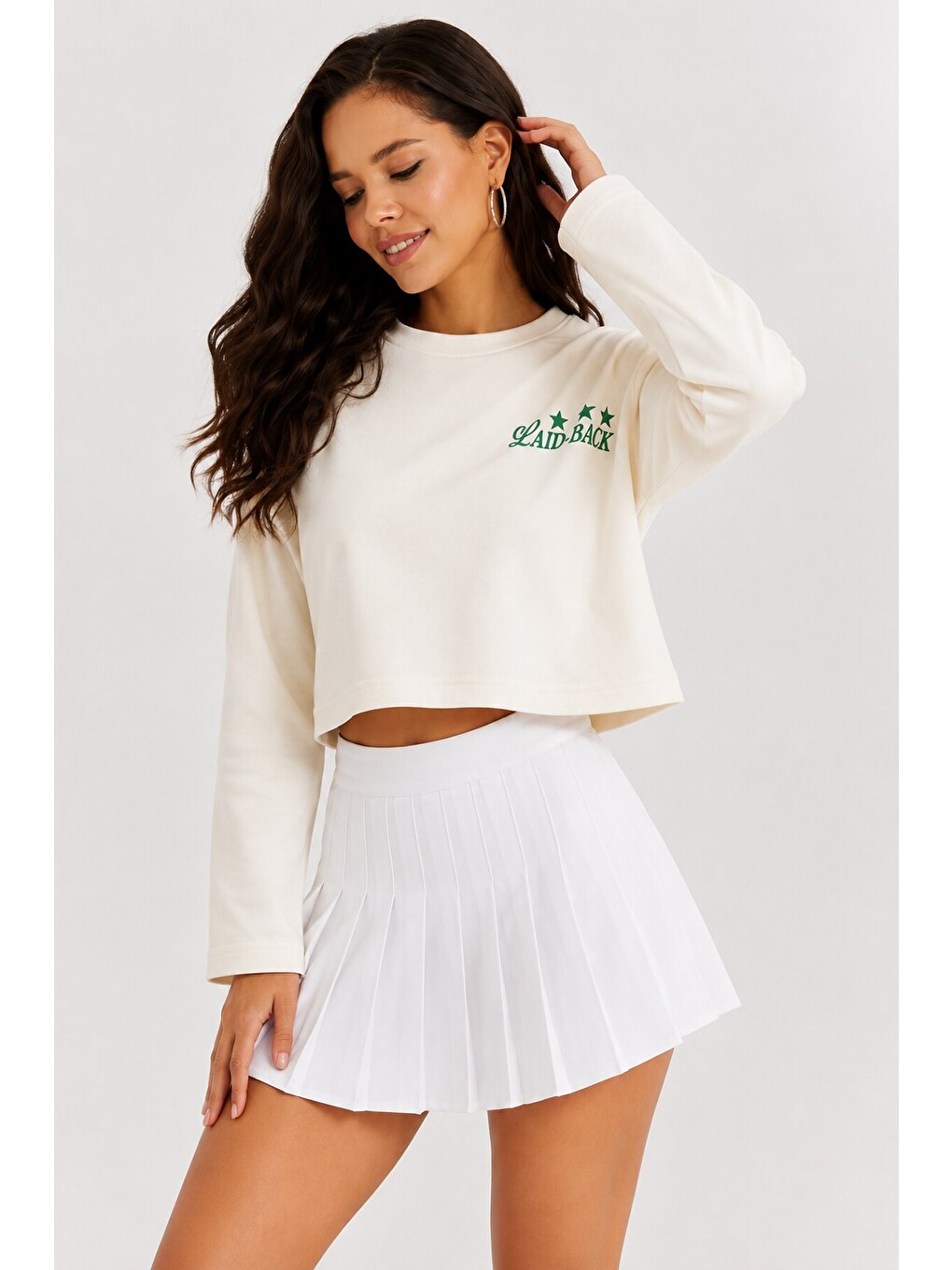 Ekru Yıldız Baskılı Crop Sweatshirt - Krem-2