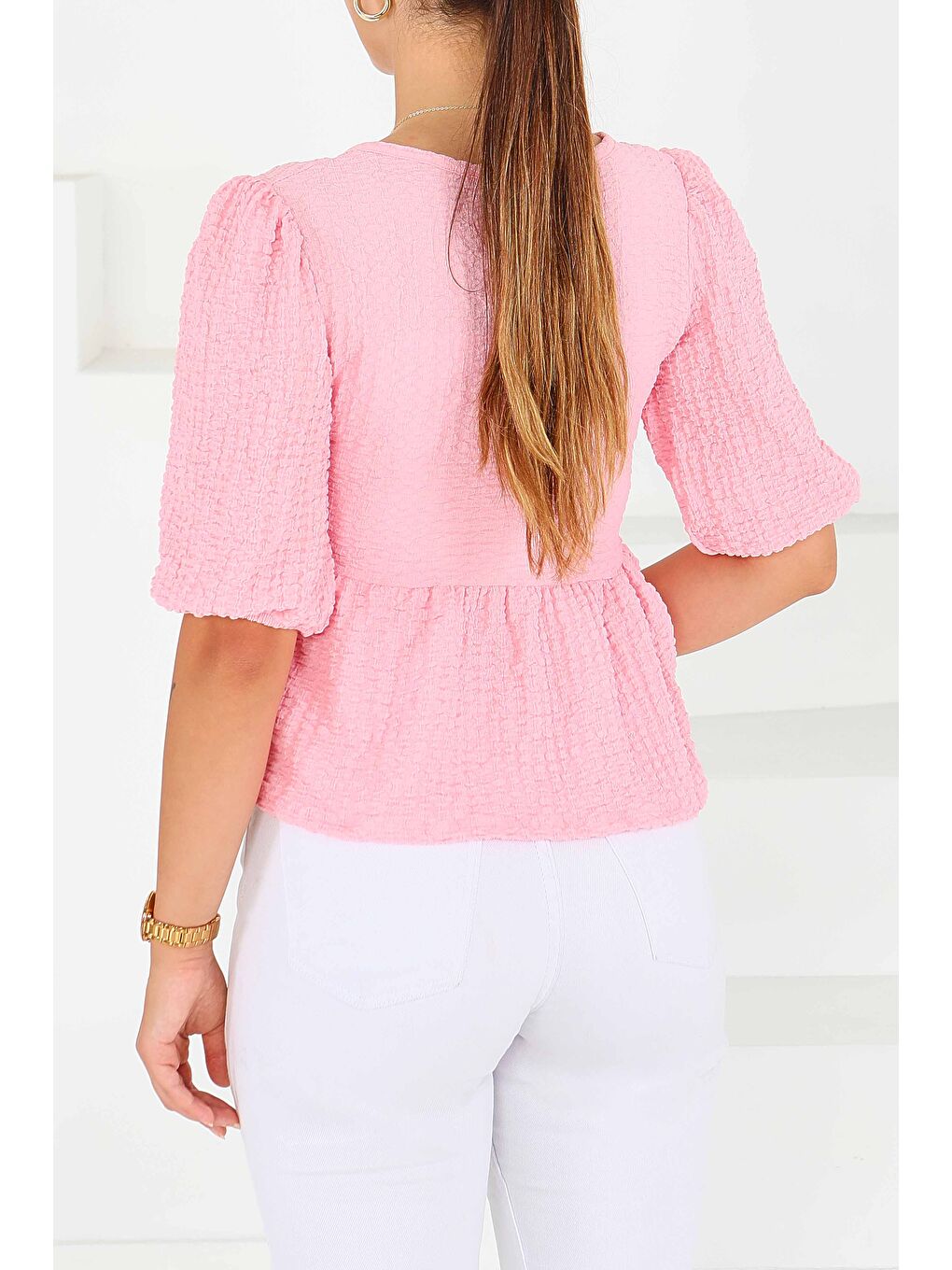 Buffle Kısa Kollu Bluz Pembe - 27538-4