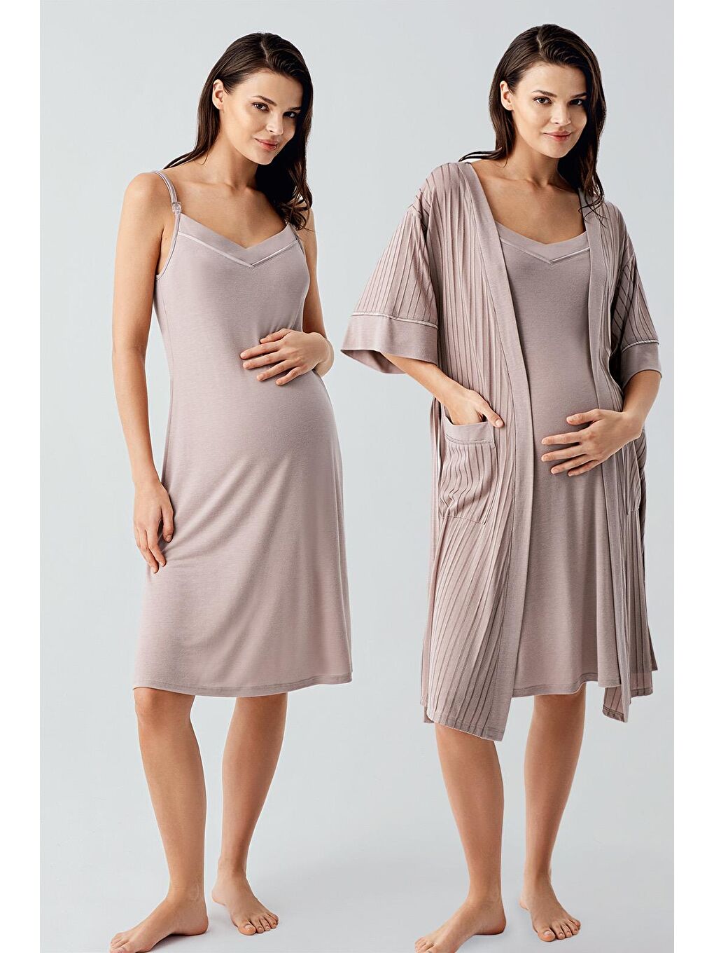 Bej Askılı Esnek Viskoz Hamile Sabahlık Gecelik Takım 17401-1