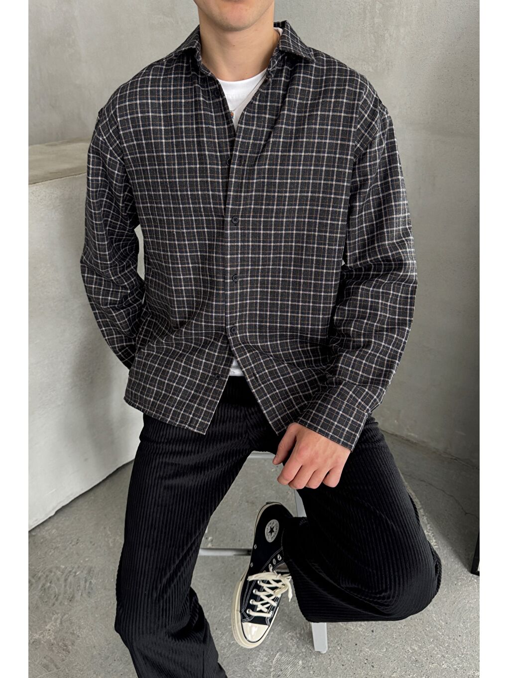 Siyah Erkek Oversize Kesim Kareli Gömlek-1