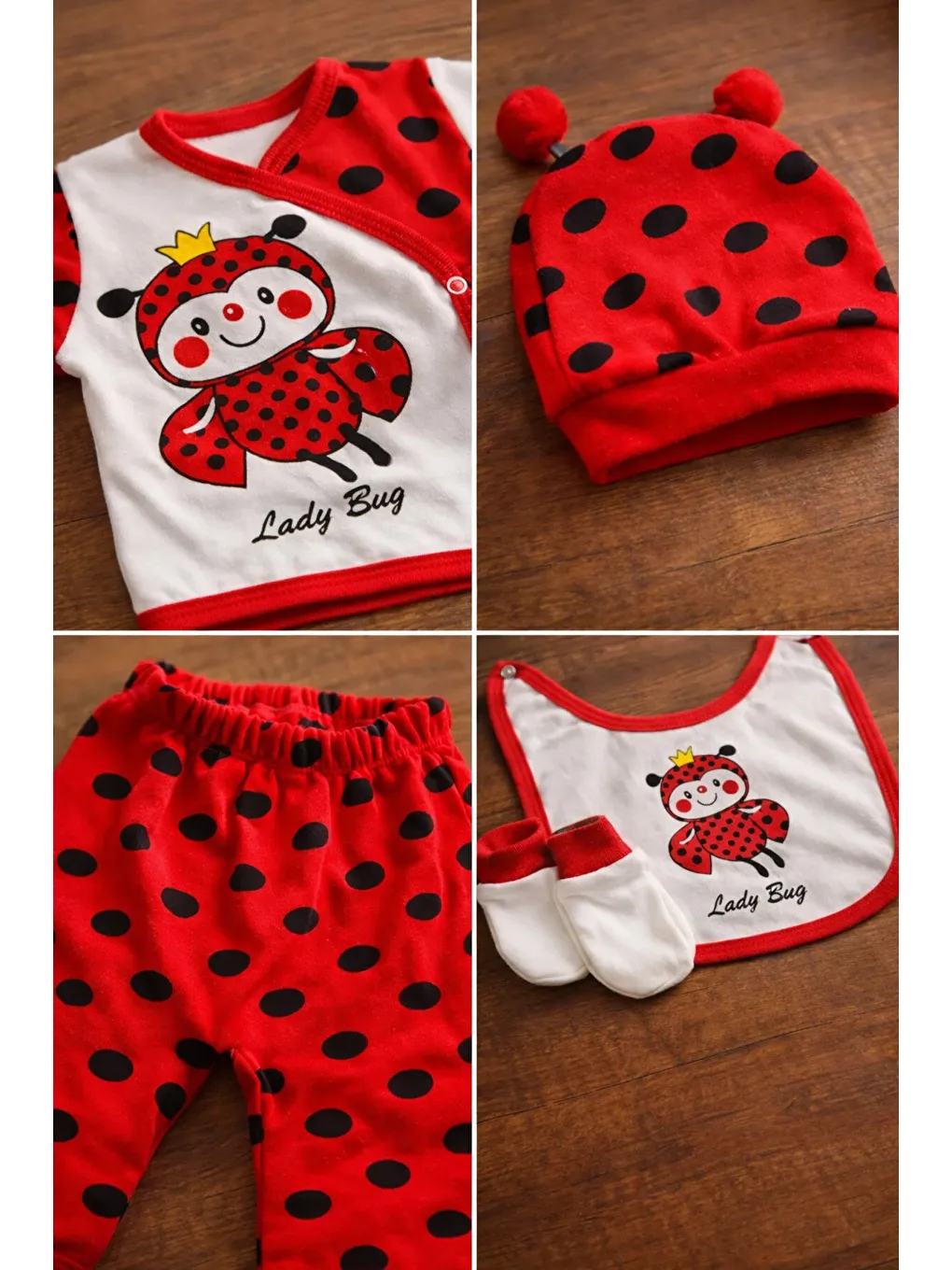 Kırmızı Uğur Böceği Temalı Organik Pamuk Yenidoğan Hastane Çıkış Seti 5 Parça Kutulu-4