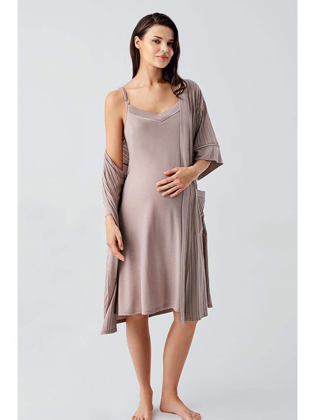 Bej Askılı Esnek Viskoz Hamile Sabahlık Gecelik Takım 17401-2