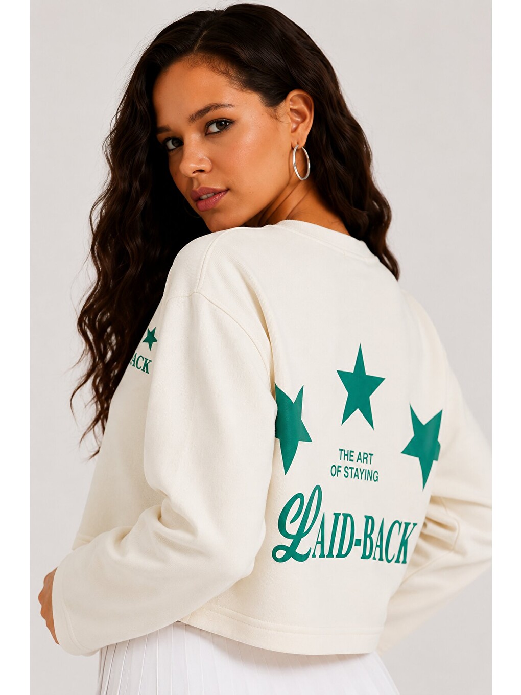 Ekru Yıldız Baskılı Crop Sweatshirt - Krem-3