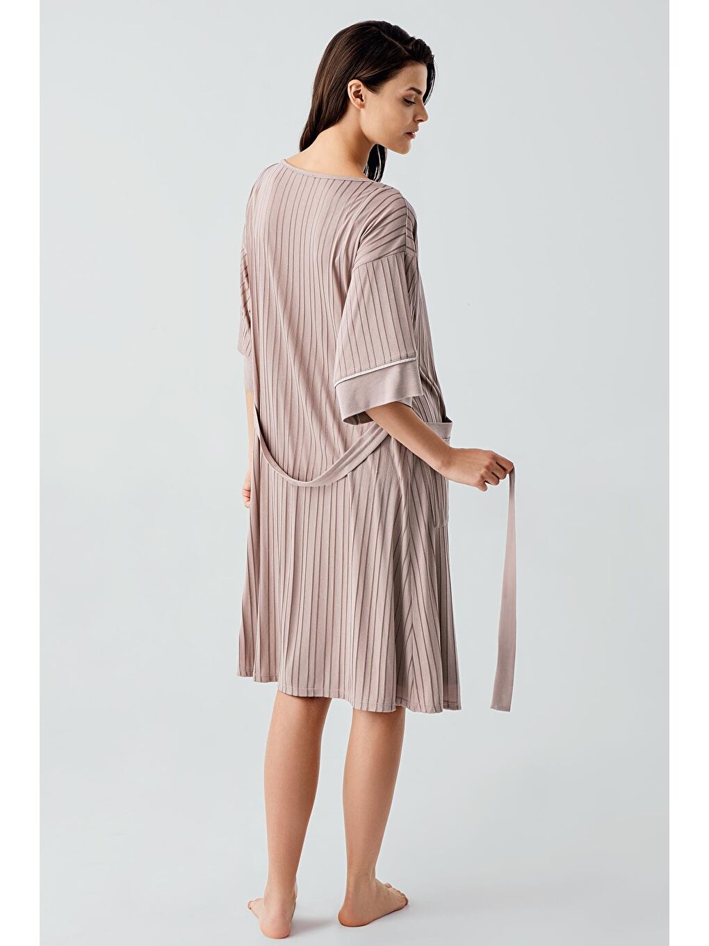 Bej Askılı Esnek Viskoz Hamile Sabahlık Gecelik Takım 17401-4