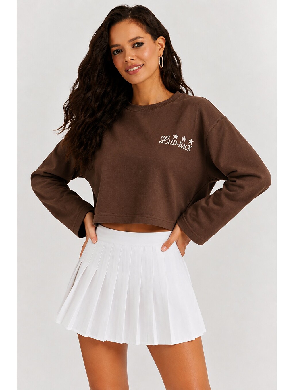 Yıldız Baskılı Crop Sweatshirt - Kahverengi-2