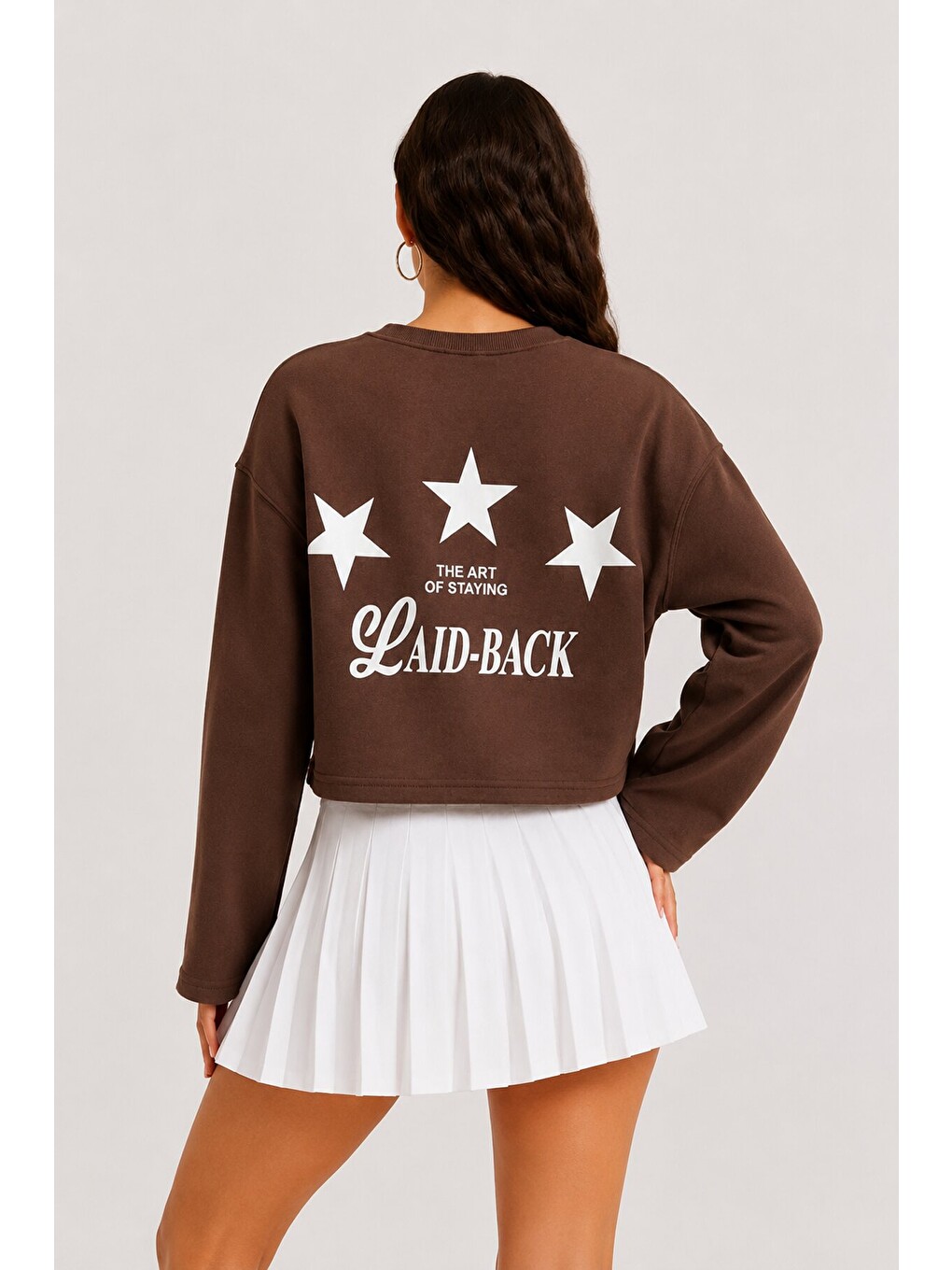 Yıldız Baskılı Crop Sweatshirt - Kahverengi-3