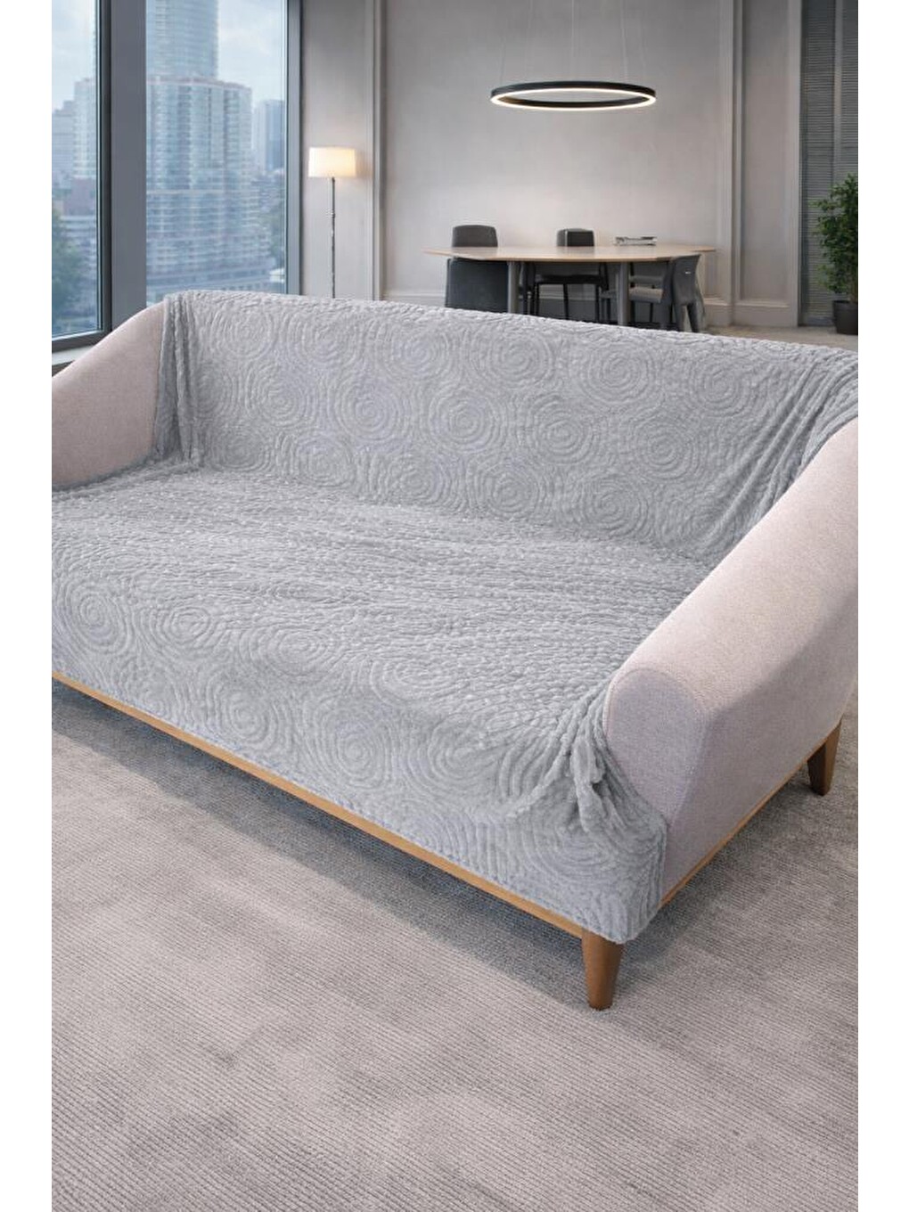 Çeyiz Diyarı Geometrik Tavşan Tüyü Kaymaz Tabanlı Koltuk Örtüsü 170x215 Cm Gri